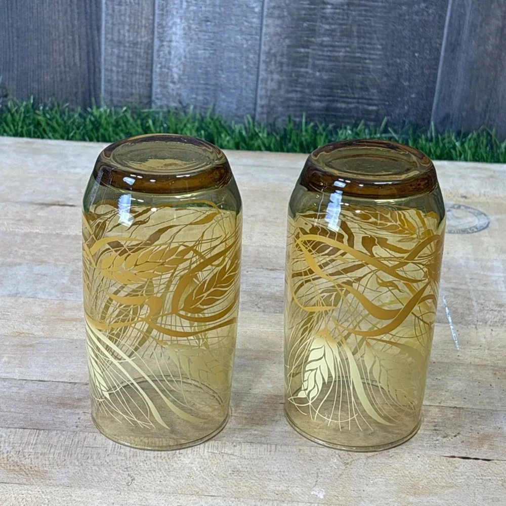 Vintage Anchor Hocking Wheat Amber Drinking Glasses Set of 2 Tumblers 70s